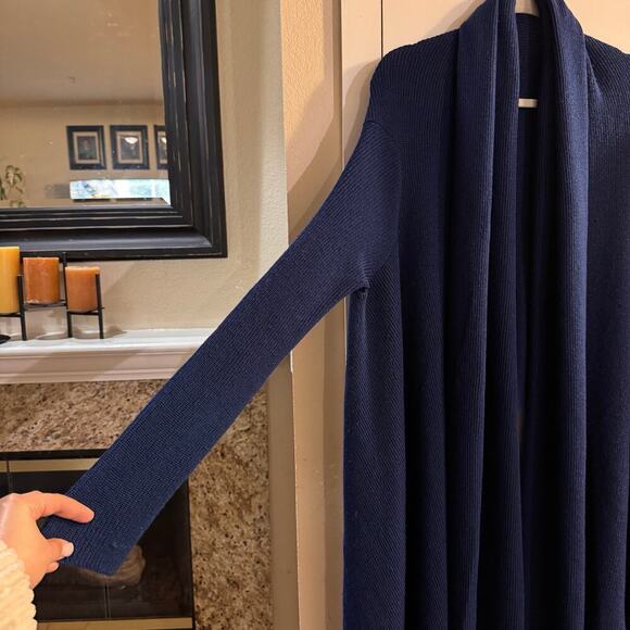 Ruti Fine Merino Wool Blend Open Waterfall Knit Cardigan Asymmetrical Blue OS - Picture 2 of 5